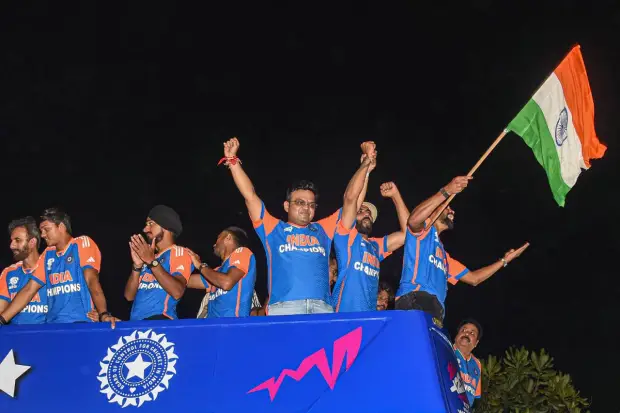 The victory parade commenced after a two-hour delay as complete crowd chaos along the stretch of South Mumbai brought the traffic to a halt after Rohit Sharma and his men touched down a little after 5 pm here on Thursday. (PTI)