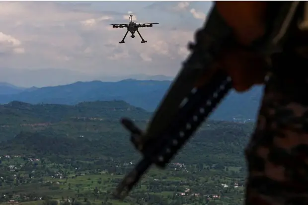 A drone being used to keep vigil near the Line of Control (LOC) ahead of Independence Day, in Rajouri district. (Photo source: PTI)