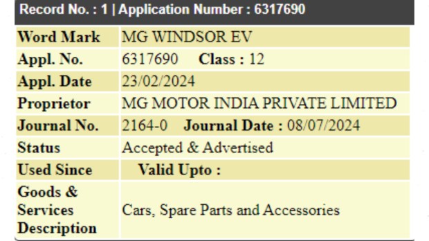 MG Windsor EV trademark