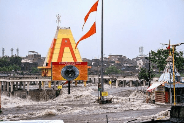 After intense rains, the Ramnath Mahadev temple in Rajkot experienced waterlogging. (PTI Photo)