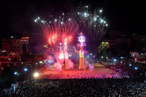 Fireworks light the sky during celebration of the Dussehra in Jaipur.