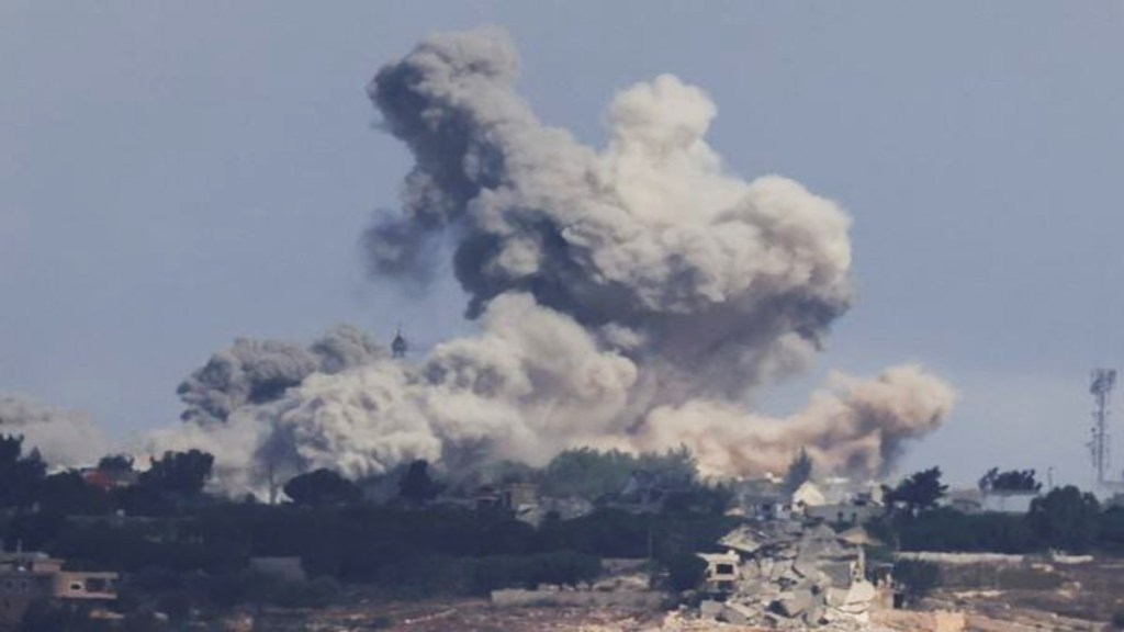 Smoke billows after an Israeli Air Force air strike on a village in southern Lebanon, amid cross-border hostilities between Hezbollah and Israel, as seen from Jish, northern Israel, October 2, 2024. (REUTERS)