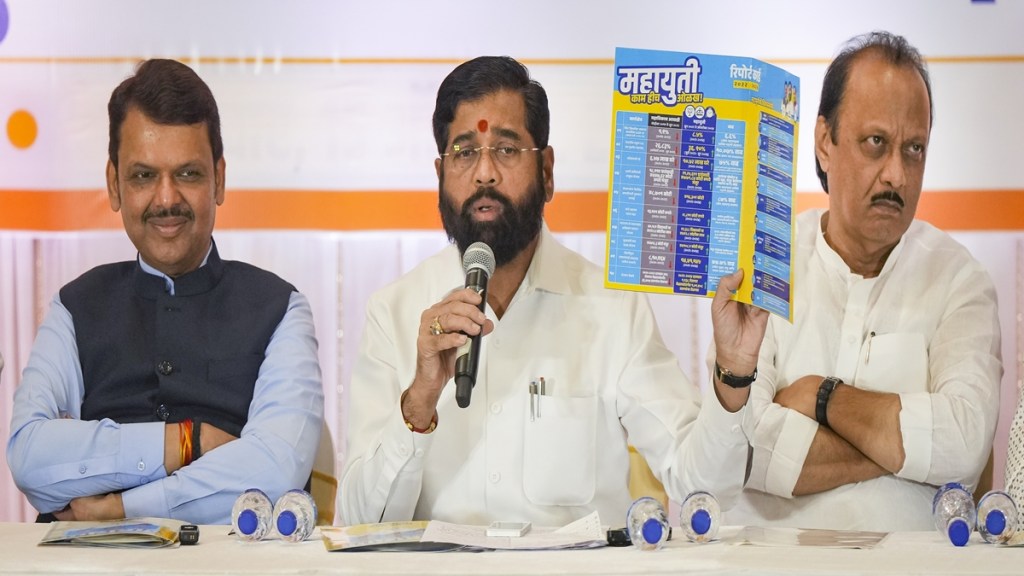 Maharashtra Chief Minister Eknath Shinde along with Dy CMs Devendra Fadnavis and Ajit Pawar during a press conference, in Mumbai, Wednesday, Oct. 16, 2024. (PTI Photo