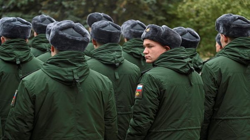 Russian conscripts called up for military service line up before their departure for garrisons, in Bataysk in the Rostov region, Russia October 20, 2024. REUTERS/