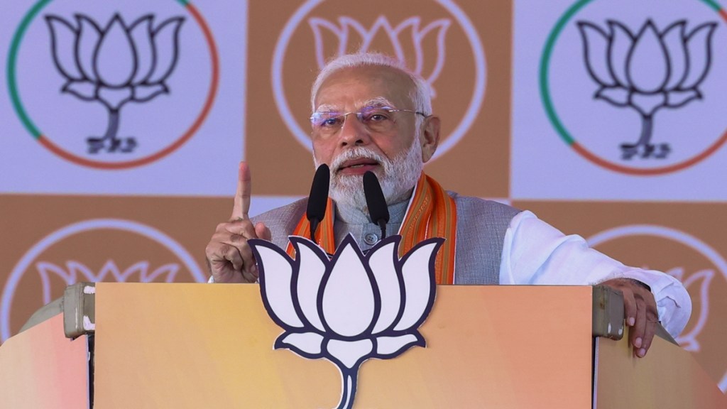 Prime Minister Narendra Modi addresses a public meeting ahead of Maharashtra Assembly elections, at Chimur in Chandrapur district, Maharashtra, Tuesday, Nov. 12, 2024. (PTI Photo)