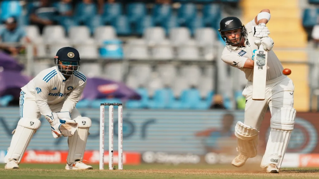 New Zealand's Will Young plays a shot on the second day of the third test cricket match between India and New Zealand, at the Wankhede Stadium, in Mumbai, Saturday PTI
