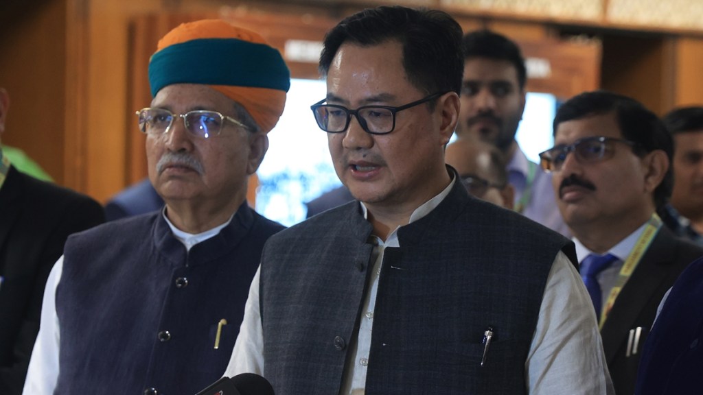 Union Minister of Parliamentary Affairs Kiren Rijiju and Arjun Ram Meghwal during the all-party meeting ahead of Winter session of the Parliament in New Delhi, Sunday, Nov. 24, 2024. Express Photo.