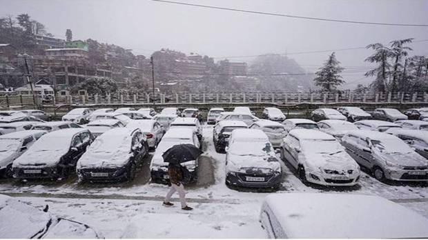 A man walks by parked cars covered with fresh snowfall, in Shimla. (Photo source: PTI)