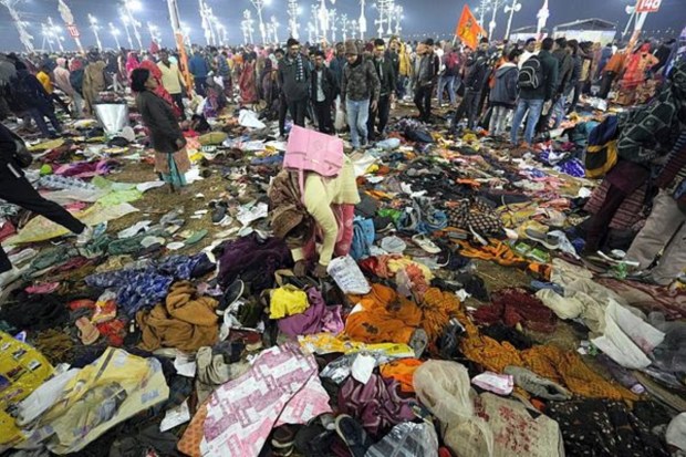 Bags and other personal items are scattered at the scene following a stampede that occurred at Sangam on Mauni Amavasya during the ongoing Maha Kumbh Mela festival in Prayagraj on Wednesday, January 29, 2025. Authorities reported multiple casualties were feared after a 