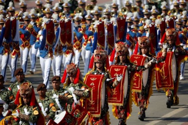 Members of the Indonesian military band march during India's Republic Day parade in New Delhi on January 26, 2025. (Image: REUTERS/Adnan Abidi)