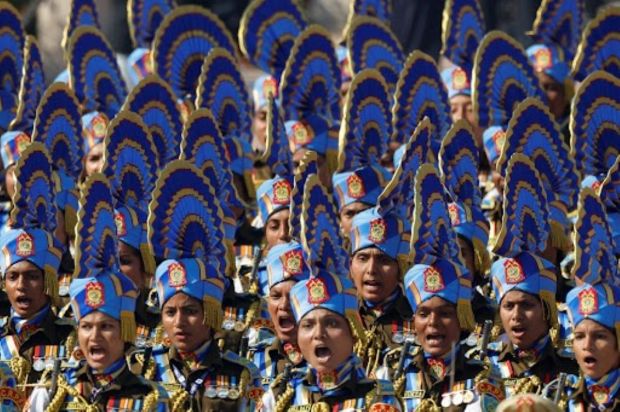 Indian soldiers seen marching at the parade in New Delhi on January 26,2025. (Image: REUTERS/Adnan Abidi)