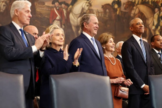 (L-R) Former U.S. President Bill Clinton, former U.S. Secretary of State Hillary Clinton, former U.S. President George W. Bush, former first lady Laura Bush and former U.S. President Barack Obama arrive to the inauguration of U.S. President-elect Donald Trump in the Rotunda of the U.S. Capitol on January 20, 2025 in Washington, DC. Donald Trump takes office for his second term as the 47th president of the United States. (Photo by Chip Somodevilla/Getty Images)