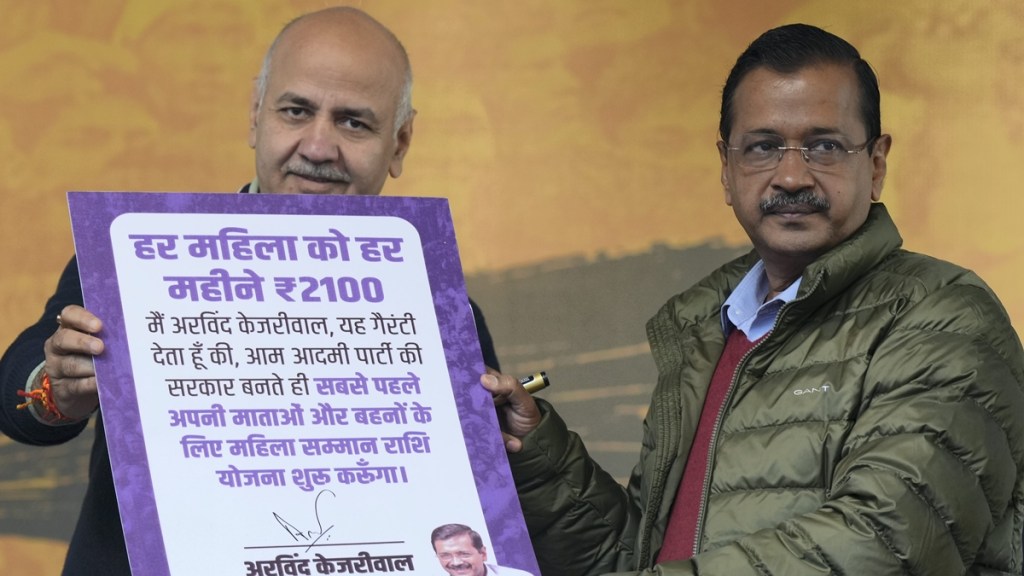AAP National Convenor Arvind Kejriwal with former MLA Manish Sisodia releases party's manifesto featuring 15 guarantees ahead of the Delhi Assembly poll, in New Delhi, Monday, Jan. 27, 2025. (PTI Photo)