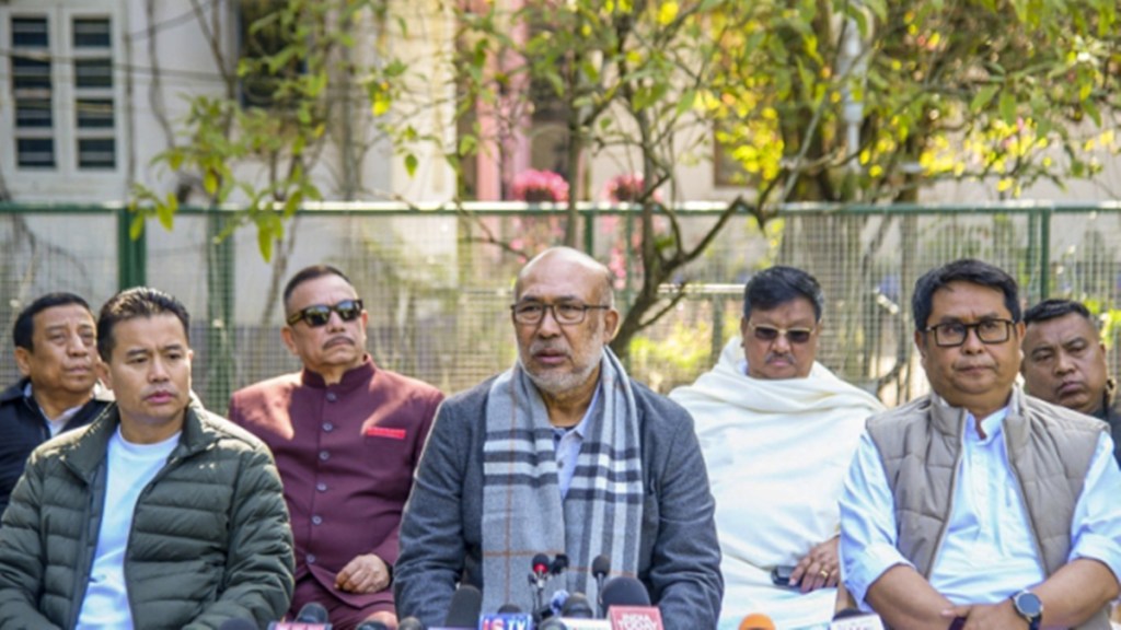 Manipur Chief Minister N Biren Singh addresses a press conference in Imphal on Tuesday. (PTI)