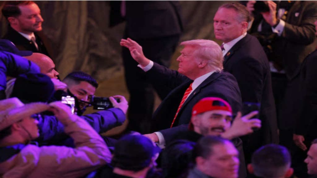 U.S. President-elect Donald Trump leaves after attending a rally the day before he is scheduled to be inaugurated for a second term, in Washington, U.S., January 19, 2025. REUTERS/Brian Snyder