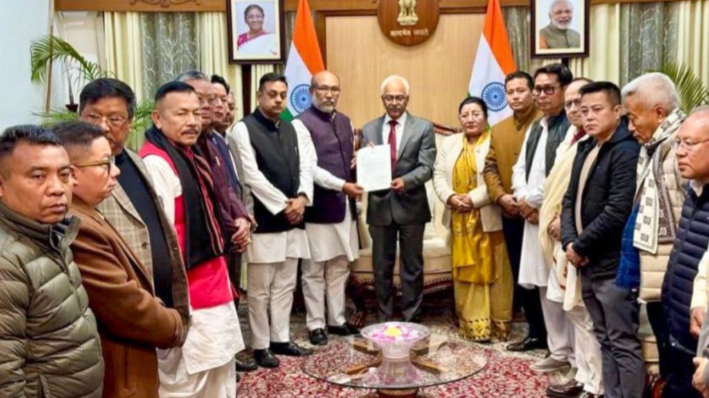 N Biren Singh submits his resignation as Manipur CM to Governor Ajay Kumar Bhalla on Sunday. (PTI)
