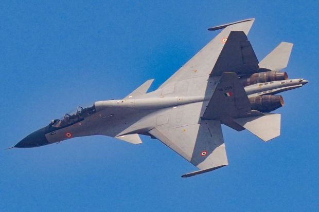 India unveiled a full-scale engineering model of its Advanced Medium Combat Aircraft (AMCA), showcasing the country's strides in developing indigenous fifth-generation fighter technology. (Image: PTI)