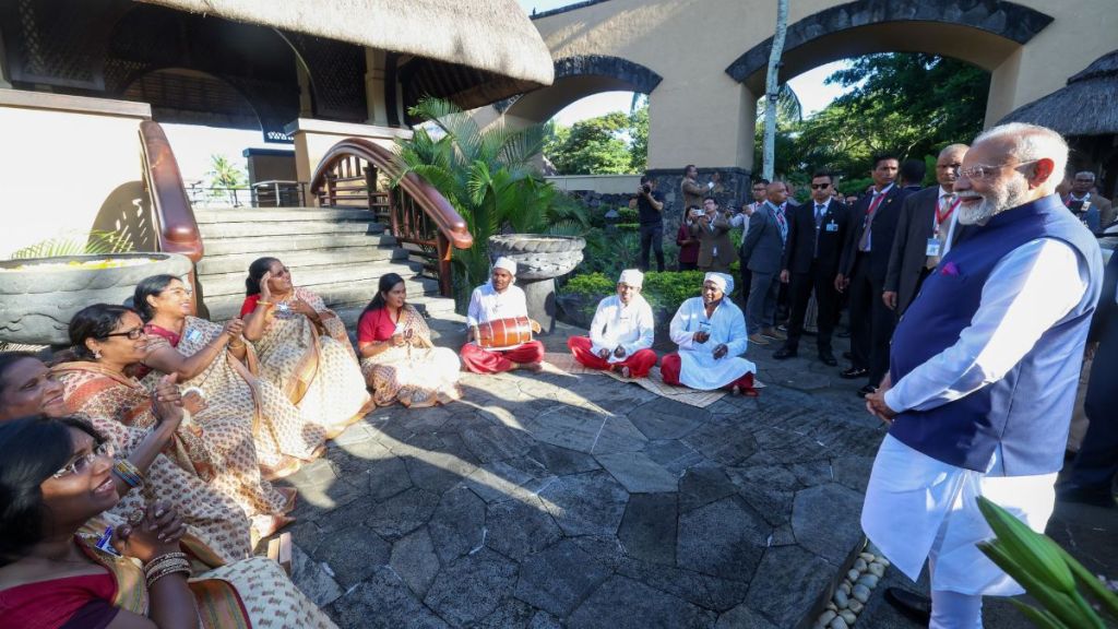 PM Modi Mauritius visit 2025, India Mauritius relations, Bhojpuri Geet Gawal performance, PM Modi cultural welcome in Mauritius, India-funded projects in Mauritius, Mauritius National Day 2025, India-Mauritius bilateral ties, PM Modi inaugurates projects in Mauritius, Indian diaspora in Mauritius, Modi strengthens maritime partnership Mauritius.