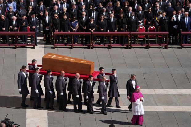 The coffin of Pope Francis was being carried by 14 pall bearers. A staggering 164 official delegations attended including 54 heads of state and 12 reigning sovereigns. (Image: AP)