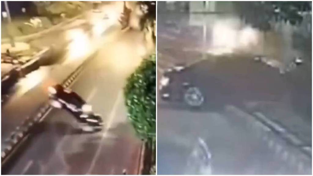 Car jumps off from bridge in Indonesia