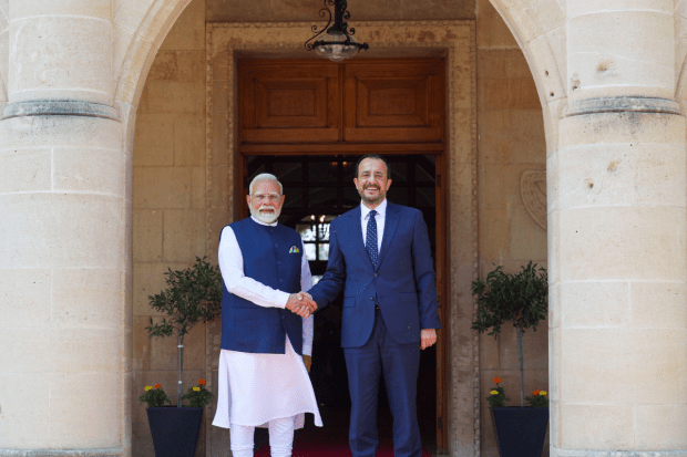 Cyprus President Nikos Christodoulides warmly receives Prime Minister Narendra Modi at the Presidential Palace in Nicosia on Monday. (Photo Source - ANI)
