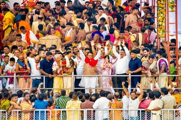 Odisha Chief Minister Mohan Charan Majhi is attending the 'Snan Purnima' rituals for Lord Jagannath, Balabhadra, and Devi Subhadra at the Jagannath Temple in Puri. (Image Source: PTI)