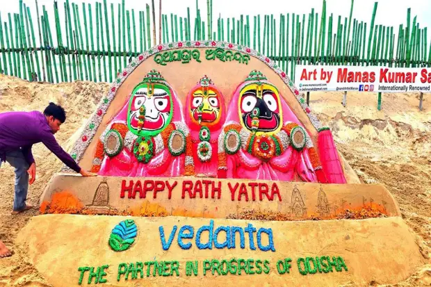 Sand artist Manas Kumar Sahoo creates a sand art on the occasion of Rath Yatra, in Puri on Thursday.