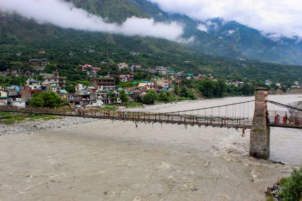 Swollen Beas river following heavy monsoon rainfall in Kullu district, Himachal Pradesh. (PTI Photo)