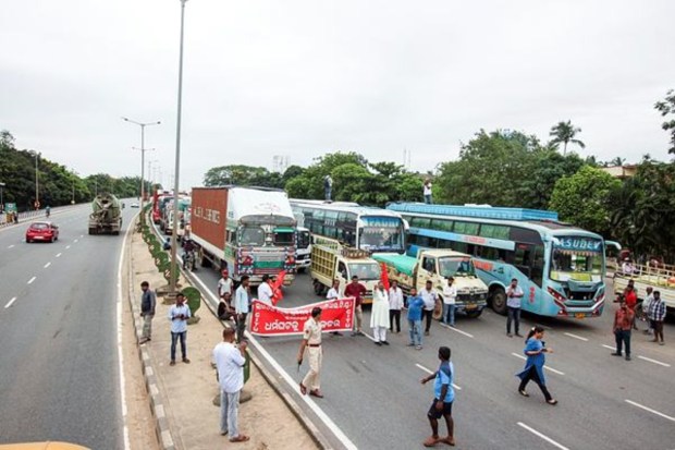 Left party supporters staged a Bharat Bandh protest in Bhubaneswar on Wednesday. (Image Source: ANI)