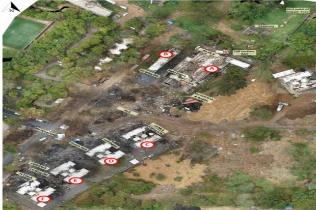 Overview of the crash site near Ahmedabad airport, showing debris scattered all over the residential building. (Photo source: AAIB)