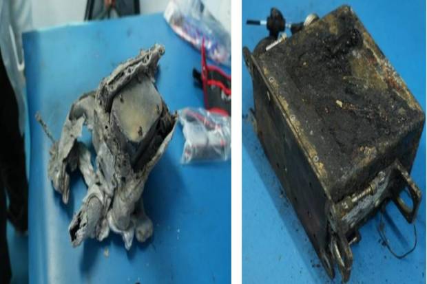 Forward and aft Enhanced Airborne Flight Recorders (EAFR) collected from the debris were both severely damaged. (Photo source: AAIB)