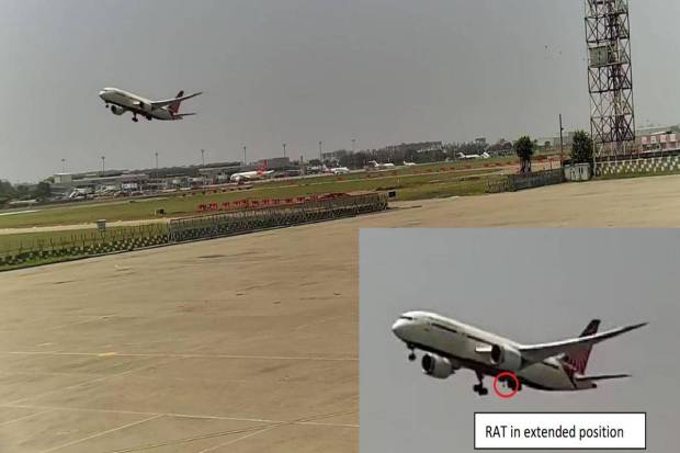 As per the CCTV footage, the Ram Air Turbine (RAT) was deployed soon after the take-off. The implementation of RAT confirms total power loss, leading to automatic deployment of emergency systems. (Photo source: AAIB)