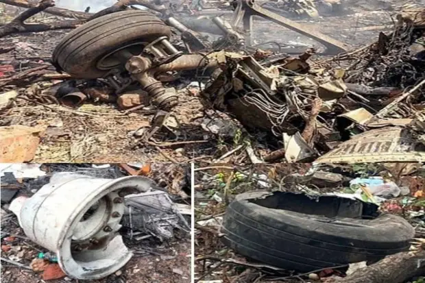 Nose landing gear was found 300+ feet southwest of the initial impact with Building A. (Photo source: AAIB)