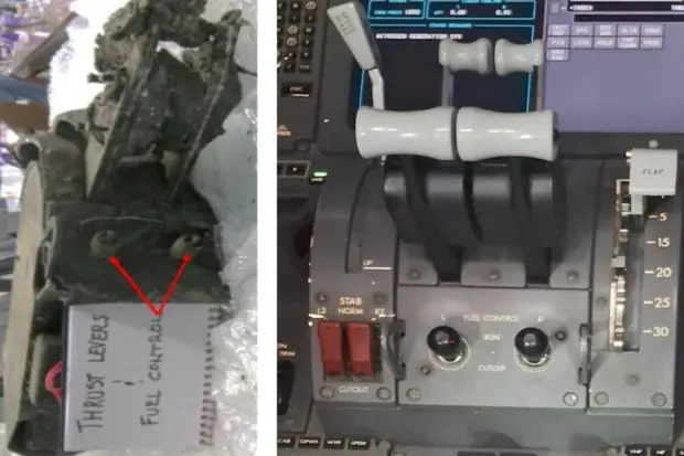 Thrust lever quadrant was retrieved in a severely burned condition, but was mechanically placed near idle. (Photo source: AAIB)