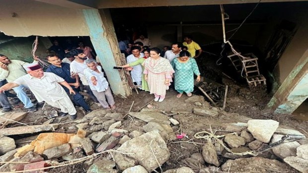 BJP MP Kangana Ranaut visits the areas affected by disaster to asses the damages, at Karsog in Mandi on Sunday. (@KanganaTeam X/ANI Photo)