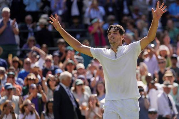 Taylor Fritz of the U.S. celebrates winning the men's singles quarter-final match against Karen Khachanov of Russia at the Wimbledon Tennis Championships in London, Tuesday, July 8, 2025. (Photo source: AP)