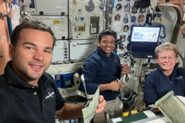 A joint selfie of Captain Shubhanshu Shukla aboard the ISS highlights the camaraderie and teamwork of the Axiom-4 mission crew as they conduct groundbreaking scientific research in microgravity. (Image source: Axiom Space)