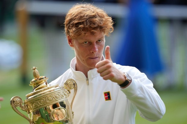 Italy’s world number one Jannik Sinner defeated defending champion Carlos Alcaraz 4-6, 6-4, 6-4, 6-4 to win the Wimbledon men’s singles title on Sunday. With this victory, Sinner clinched his maiden Wimbledon crown and secured his fourth Grand Slam title overall.Earlier in the match, Sinner took the second set 6-4 to level the final at one set all, after Alcaraz claimed the opener 6-4. The two young stars delivered another electrifying contest, just five weeks after their memorable clash in the French Open final. (Photo: AP)