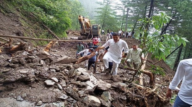 Himachal Pradesh PWD Minister Vikramaditya Singh visits the cloudburst-affected Seraj Valley, in Mandi on Saturday. (ANI Photo)