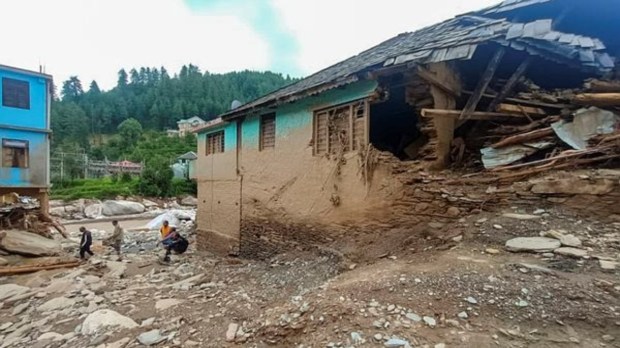 A damaged building at a residential area after heavy rainfall, in Mandi district, Saturday, July 5, 2025. (PTI Photo)