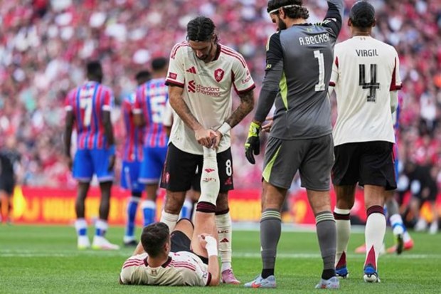 During the FA Community Shield final soccer match at Wembley Stadium in London, Liverpool's Dominik Szoboszlai helps Milos Kerkez. (Image Source: AP)