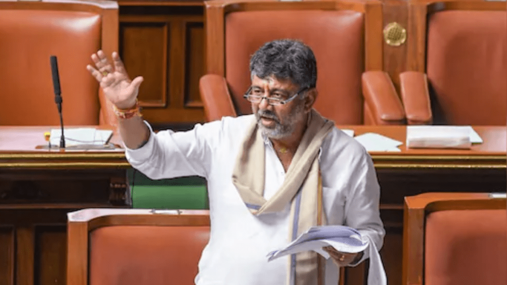 Shivakumar sang ‘Namaste Sada Vatsale Matrubhoome……', after being prompted by opposion in Karnataka state assembly.