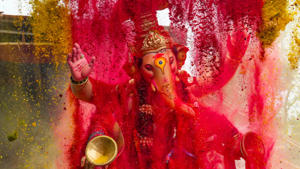 'Chandanwadi God Ganpati' idol of Lord Ganesha being taken for immersion as part of the Ganesh Chaturthi festival celebrations, in Mumbai, Saturday.