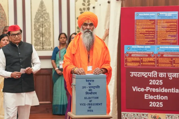 BJP MP Umesh Nath Maharaj casts his vote in the vice presidential elections, at the Parliament premises. (Image: PTI)